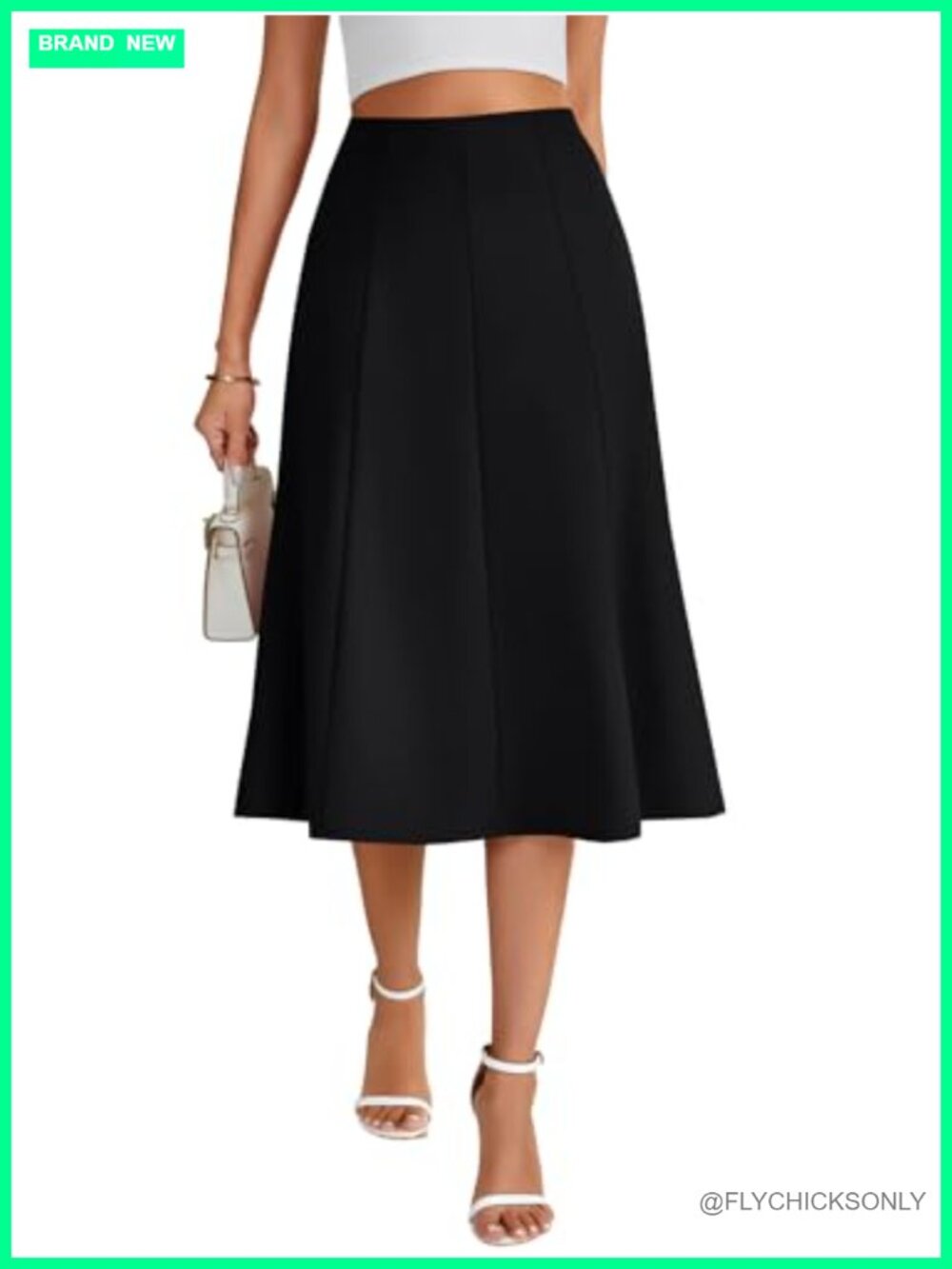 High Waisted Midi Skirt A-Line Flowy Pleated Knee Length Work Skirt
